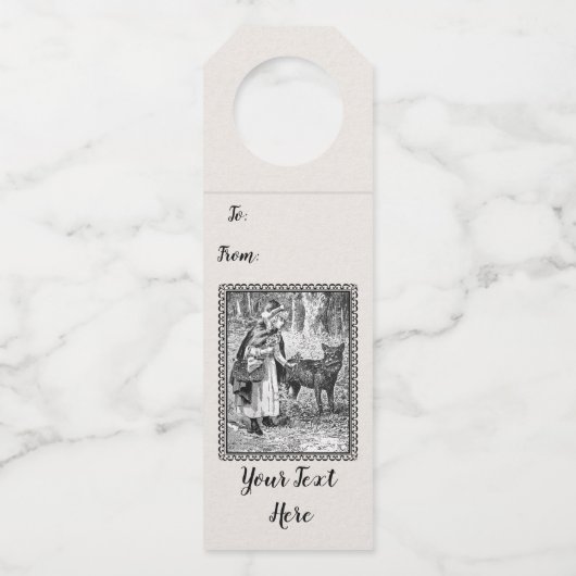 ヴィンテージ白黒スケッチ赤乗用フードフレーム ボトルネックタグ (正面)