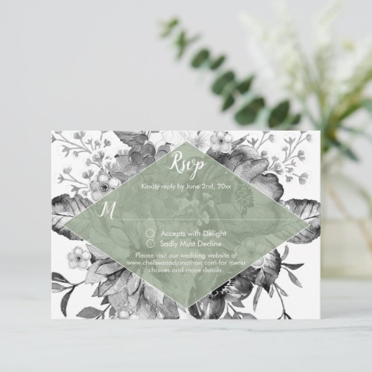 ヴィンテージ白黒セージグリーンRSVP 出欠カード (スタンド正面)