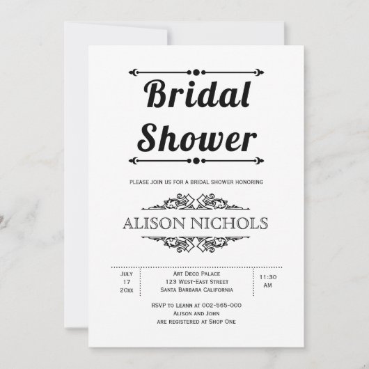 ヴィンテージ白黒タイポグラフィブライダルシャワー 招待状 (正面)