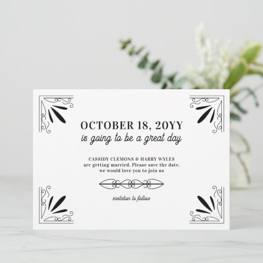 ヴィンテージ白黒タイポグラフィ結婚ズ セーブザデート (スタンド正面)