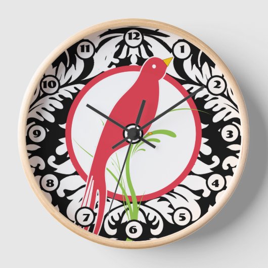 ヴィンテージ白黒ダマスクとレッドバードクロック 壁時計 (正面)