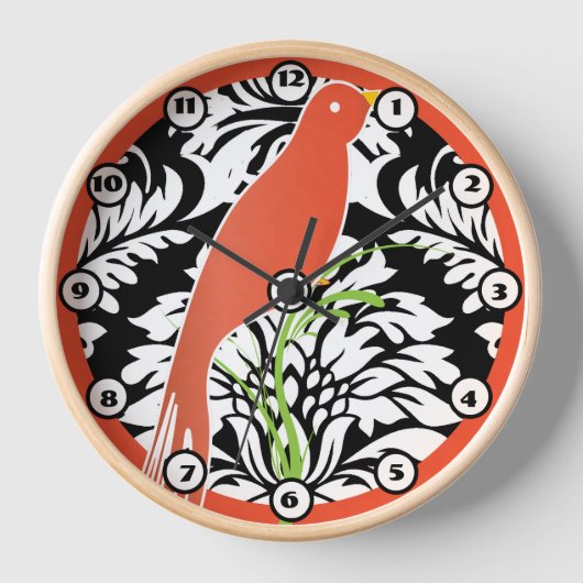 ヴィンテージ白黒ダマスクタンゲリンバードクロック 壁時計 (正面)