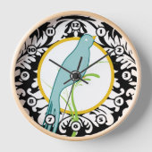 ヴィンテージ白黒ダマスクティール（緑がかった色）イエローバードクロック 壁時計 (正面)