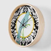 ヴィンテージ白黒ダマスクティール（緑がかった色）イエローバードクロック 壁時計 (傾斜)