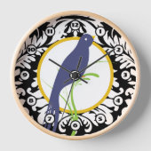 ヴィンテージ白黒ダマスクネイビーイエローバードクロック 壁時計 (正面)