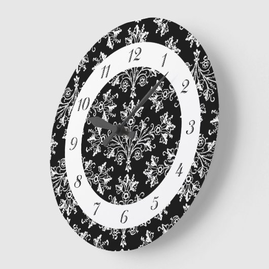 ヴィンテージ白黒ダマスクパターンと数字 ラージ壁時計 (傾斜)