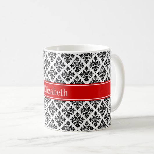 ヴィンテージ白黒ダマスク#3レッドネームモノグラム コーヒーマグカップ (正面右)