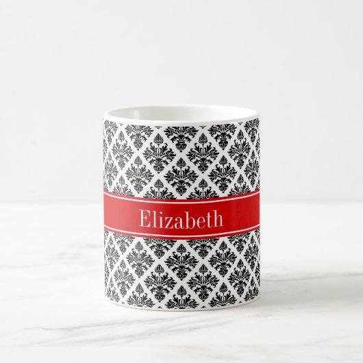ヴィンテージ白黒ダマスク#3レッドネームモノグラム コーヒーマグカップ (中央)