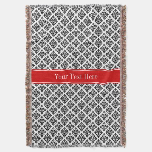 ヴィンテージ白黒ダマスク#3レッドネームモノグラム スローブランケット (正面縦)