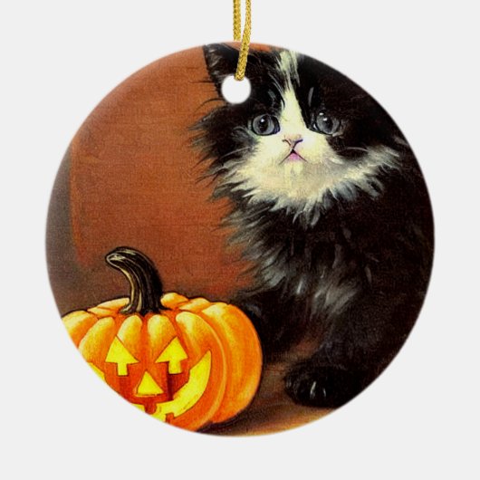 ヴィンテージ白黒ハロウィーンキットン セラミックオーナメント (正面)