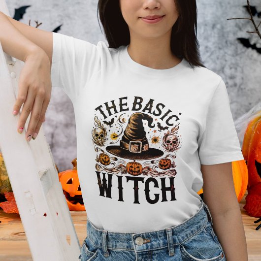 ヴィンテージ白黒ハロウィーン基本ウィッチウーメン Tシャツ