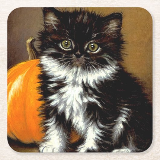 ヴィンテージ白黒ハロウィーン猫 スクエアペーパーコースター (正面)