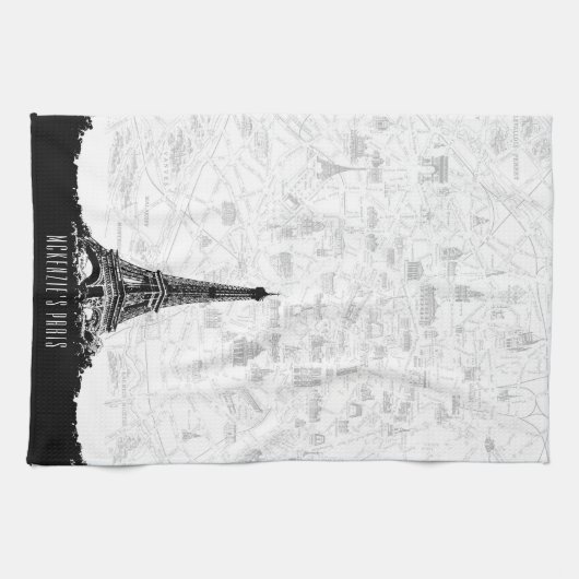 ヴィンテージ白黒パリエッフェルタワーアドネーム キッチンタオル (横)