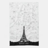 ヴィンテージ白黒パリエッフェルタワーアドネーム キッチンタオル (縦)