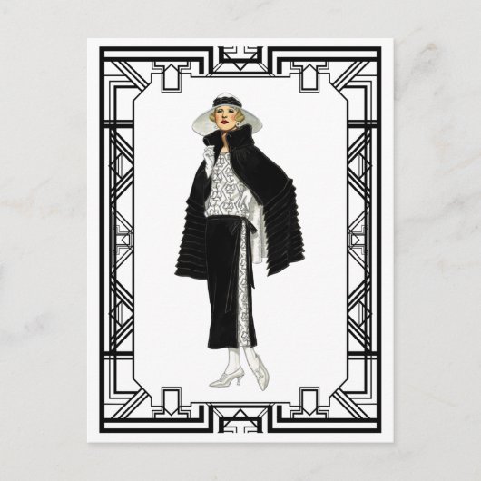 ヴィンテージ白黒フラッパーファッションアート ポストカード (正面)