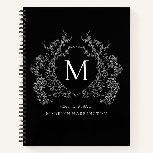 ヴィンテージ白黒フローラクレストモノグラムジャーナル ノートブック (正面)