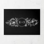 ヴィンテージ白黒フローラフレーム、イニシャル結婚ズ 三つ折り招待状 (カバー)