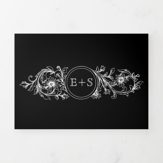 ヴィンテージ白黒フローラフレーム、イニシャル結婚ズ 三つ折り招待状 (カバー)