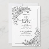 ヴィンテージ白黒フローララインアート50誕生日 招待状 (正面)
