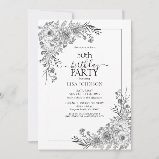 ヴィンテージ白黒フローララインアート50誕生日 招待状 (正面)