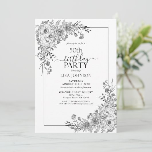 ヴィンテージ白黒フローララインアート50誕生日 招待状 (スタンド正面)