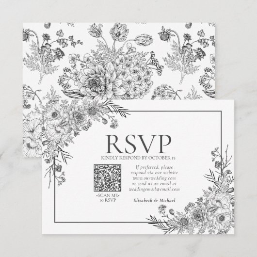 ヴィンテージ白黒フローララインアートQRコードRSVP 出欠カード (正面/裏面)