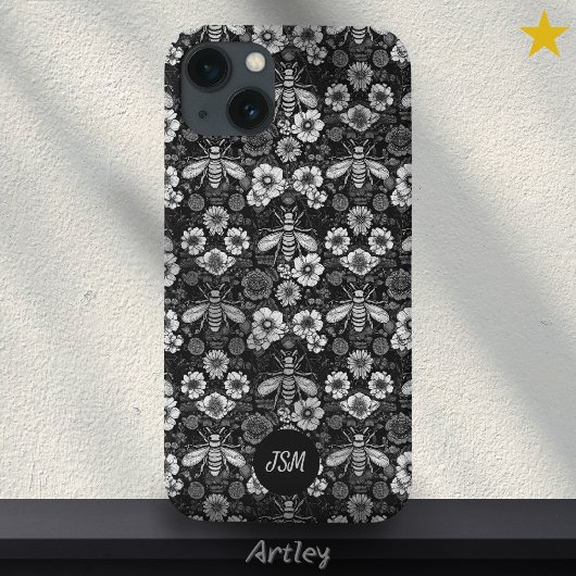 ヴィンテージ白黒フローラルパタンミツバチイニシャル Case-Mate iPhoneケース