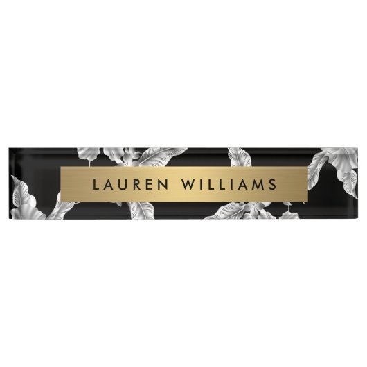 ヴィンテージ白黒フローラルパターン デスクネームプレート (正面)