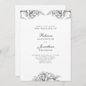 ヴィンテージ白黒フローラ植物結婚式RSVP 招待状 (正面/裏面)