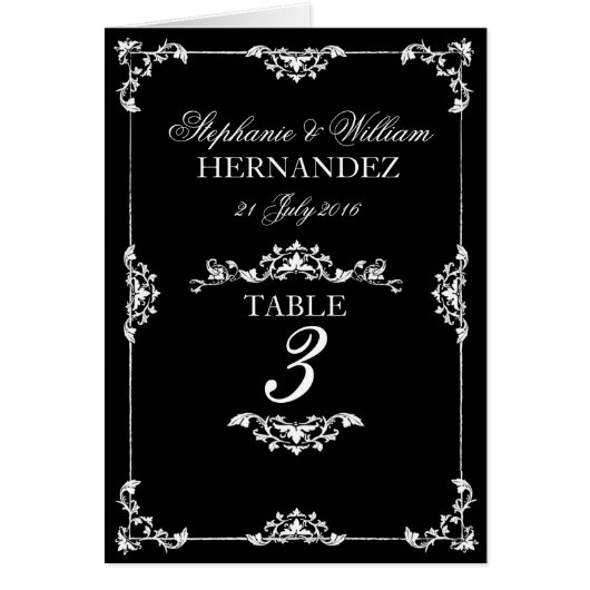 ヴィンテージ白黒フローラ結婚のテーブル番号 (正面)