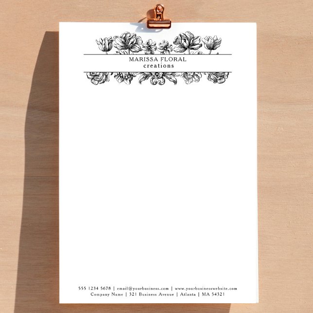 ヴィンテージ白黒フローリスト植物花屋 レターヘッド (Vintage Black White Florist Botanical Flower Shop Letterhead)