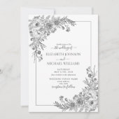 ヴィンテージ白黒モノクロフローラスクリプト 招待状 (正面)