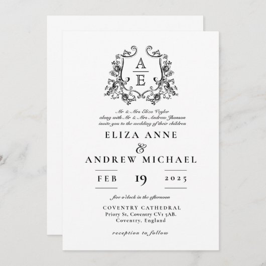 ヴィンテージ白黒モノグラム結婚クレスト 招待状 (正面/裏面)