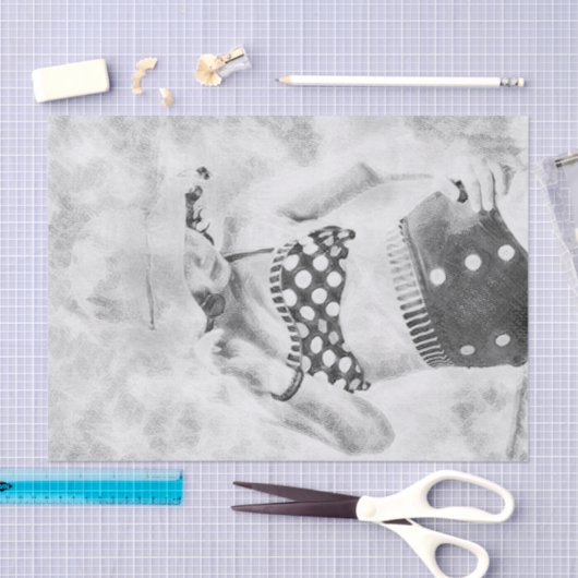 ヴィンテージ白黒レトロガール水玉模様ビキニ 薄葉紙 (クラフト)