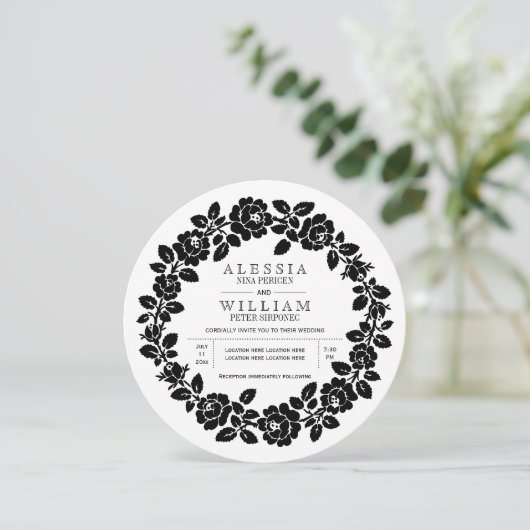 ヴィンテージ白黒ローズリース結婚ズ 招待状 (スタンド正面)