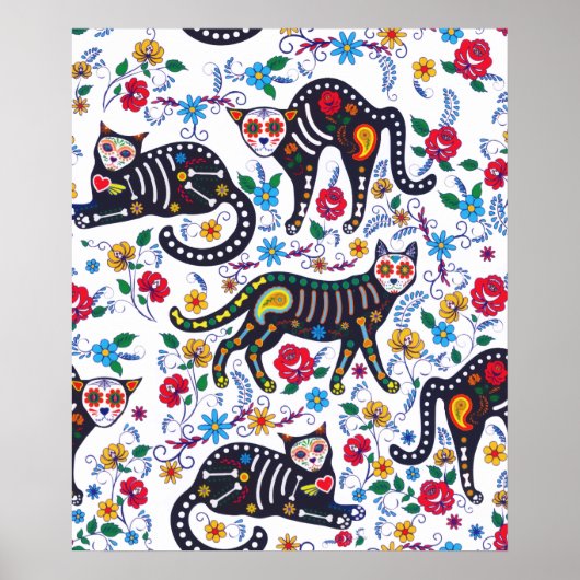 ヴィンテージ白黒猫ハロウィンゴシックフローラ ポスター (正面)