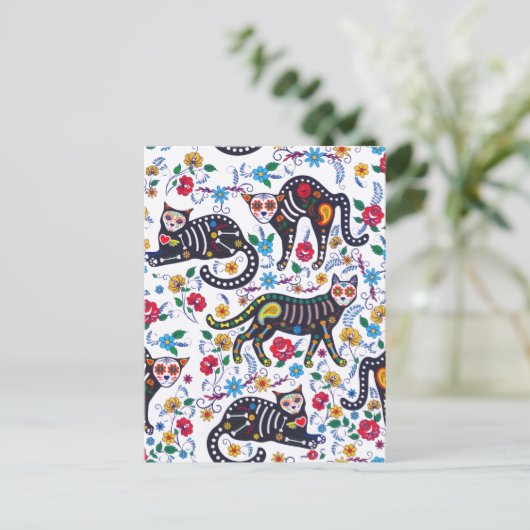 ヴィンテージ白黒猫ハロウィンゴシックフローラ ポストカード (スタンド正面)