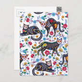 ヴィンテージ白黒猫ハロウィンゴシックフローラ ポストカード (正面/裏面)