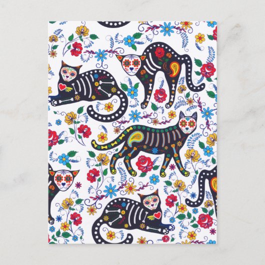 ヴィンテージ白黒猫ハロウィンゴシックフローラ ポストカード (正面)