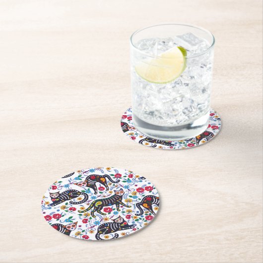 ヴィンテージ白黒猫ハロウィンゴシックフローラ ラウンドペーパーコースター (インサイチュ)