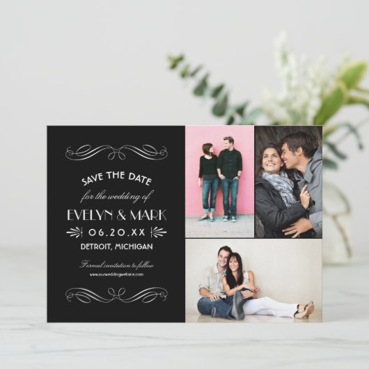 ヴィンテージ白黒結婚アールデコの写真コラージュ セーブザデート (スタンド正面)