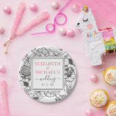 ヴィンテージ白黒結婚フローラの正方形フレーム ペーパープレート (パーティー)