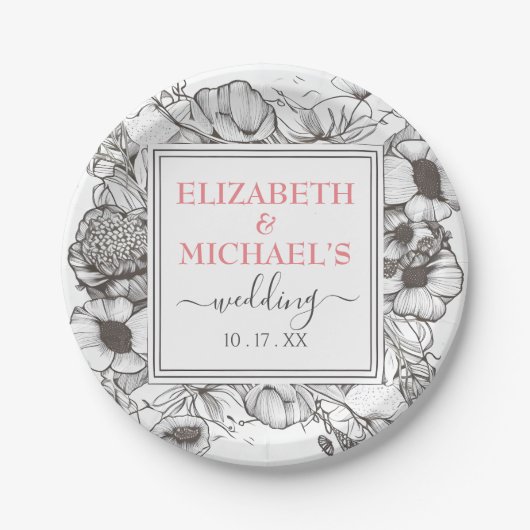 ヴィンテージ白黒結婚フローラの正方形フレーム ペーパープレート (正面)