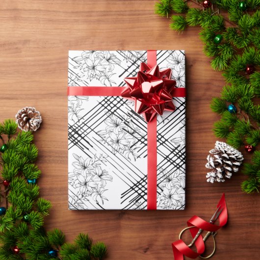 ヴィンテージ白黒花スケッチ ユニーク ラッピングペーパー (クリスマスギフト)