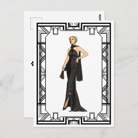 ヴィンテージ白黒1930年代シルクガウンファッション ポストカード (正面/裏面)