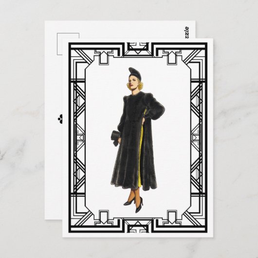 ヴィンテージ白黒1930年代ファーコートファッション ポストカード (正面/裏面)