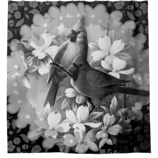 ヴィンテージ白黒(鳥)ショウジョウコウカンチョウ鳥 シャワーカーテン (正面)
