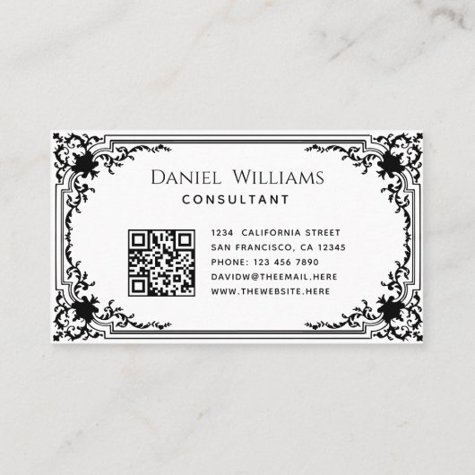 ヴィンテージ白黒QRコードスクリプエレガントト 名刺 (裏面)