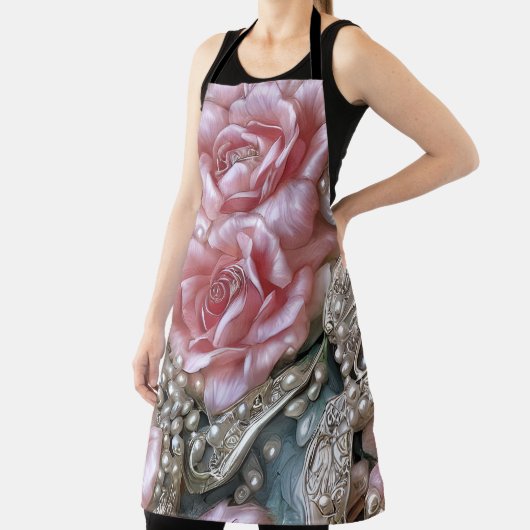 ヴィンテージ真珠とピンクのバラのパターン エプロン (インサイチュ)