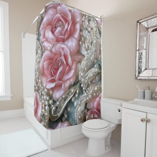 ヴィンテージ真珠とピンクのバラのパターン シャワーカーテン (インサイチュ)